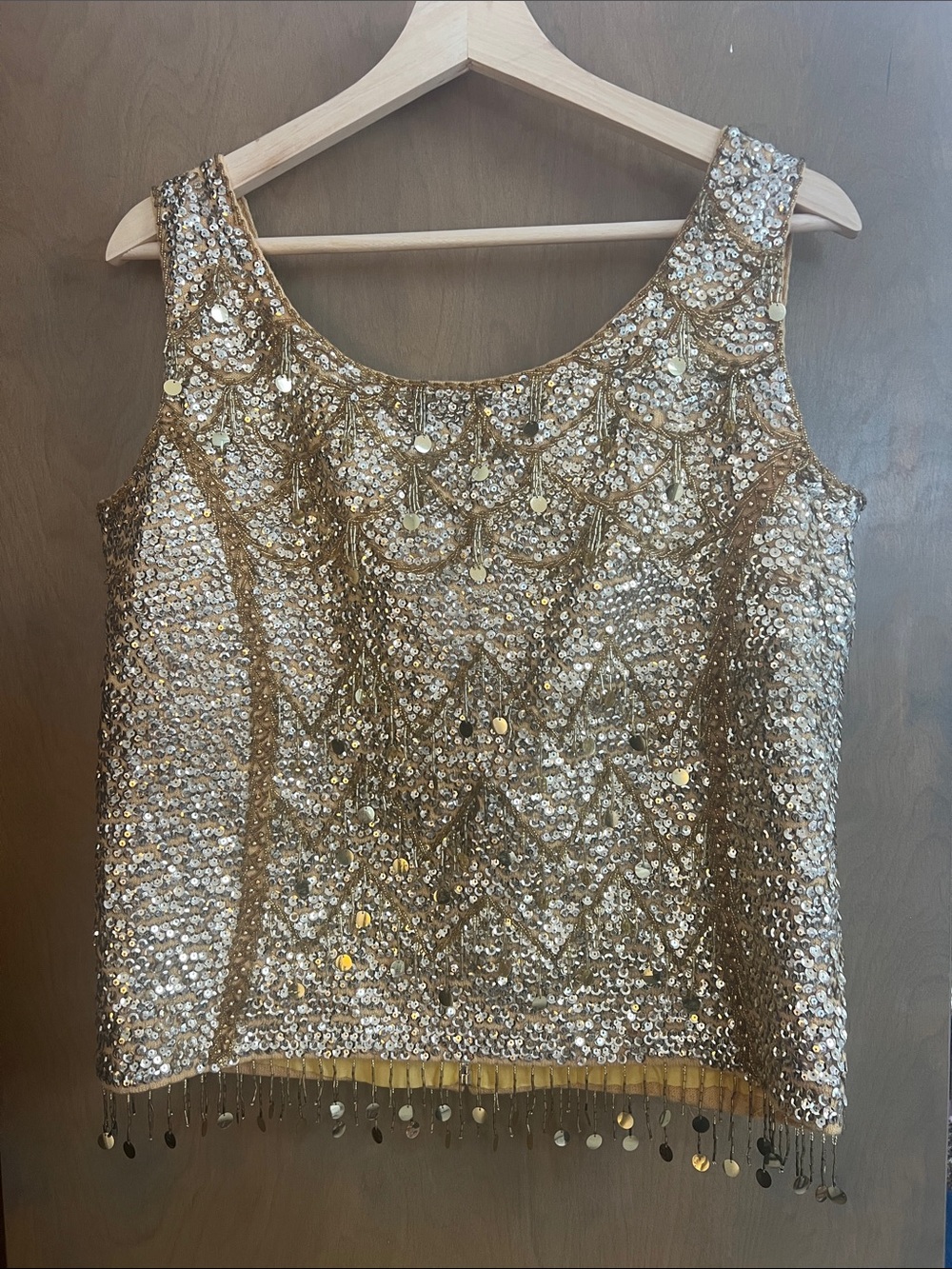 Vintage Gold Sequin Tank Top with Fringe Hem